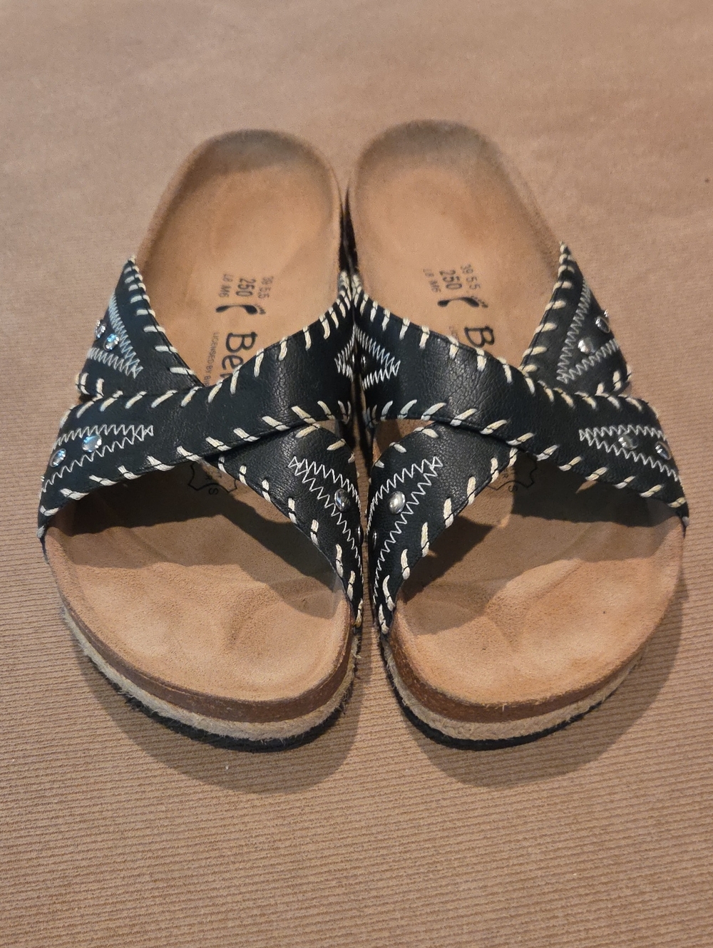 Betula Black Crisscross Slide Sandals with Contrast Stitching Size 39